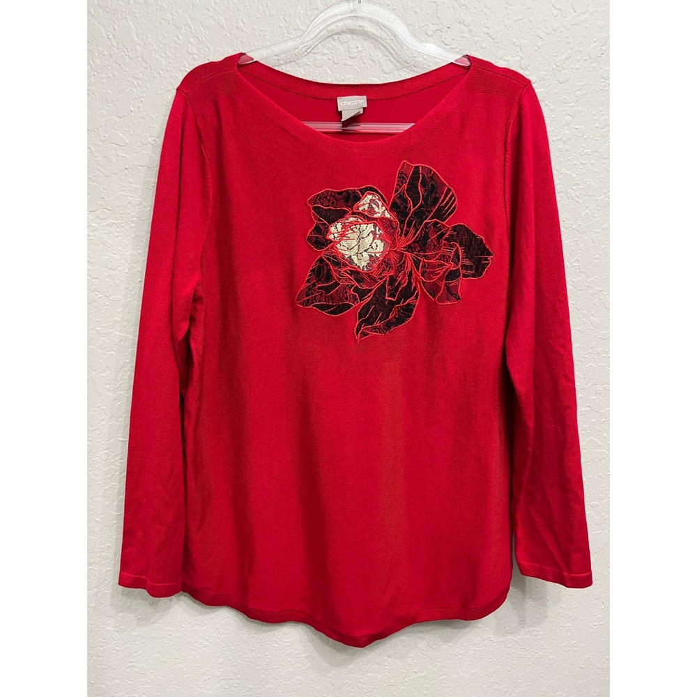 Chico's Light Sweater size Large/2 Red Stretch Knit Long Sleeve Comfy Pullover